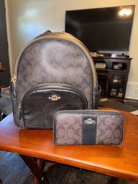 Coach Brown Signature Canvas Backpack with Matching Wallet